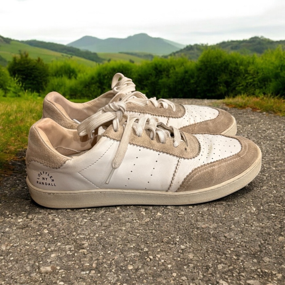 Loeffler Randall White and Tan leather Sneakers Classic Low-Top Design size 9.5